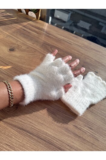 Blotch White Beard Drawstring Mohair Fingers Cut Out Gloves - Fingerless Gloves - Gift - New Year New Year