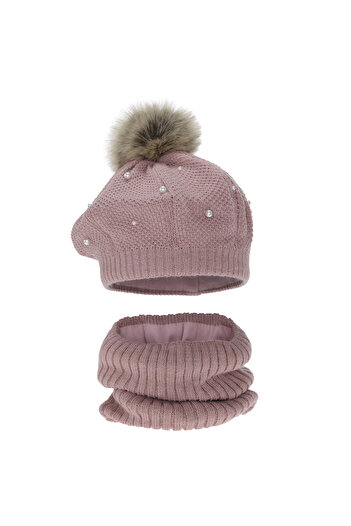Agbo Girls' hat and circular scarf, pink, fleece-lined