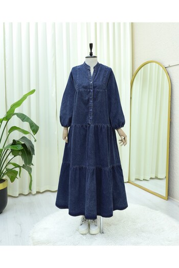 Modamorfo Half Buttoned Sleeve Elasticated Bat Sleeve Denim Dress -Indigo