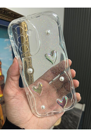 m.tk moveteck Samsung Galaxy A17 Case 3D Heart Pearl Design Patterned Wavy Edge Transparent Silicone Cover