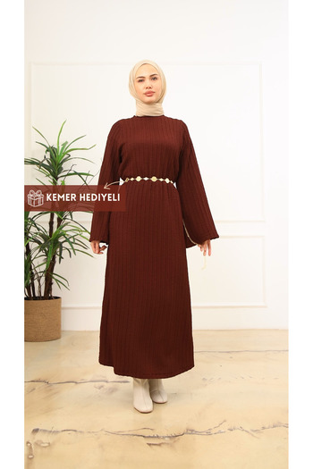 VENT GİYİM Women's Knitted Fabric Hijab Dress with Belt Gift - Stretchy Fabric, Casual and Stylish Model