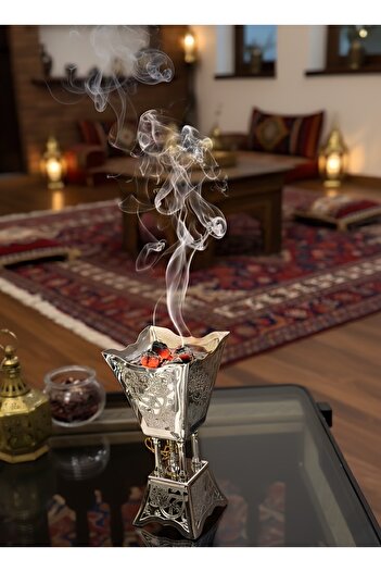 aljahwari Engraved stainless steel incense burner, full nickel finish, length 18 cm, small