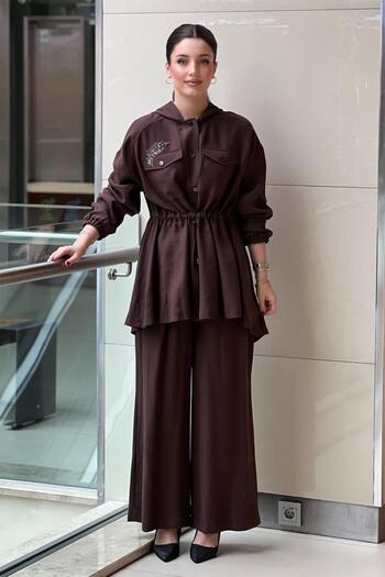 Nuss Hooded Stone Embroidered Waist Drawstring Cap Pants Set