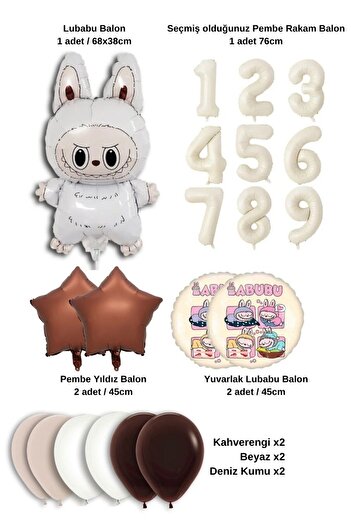 PARTİAVM Yaş Labubu Balloon Abubu Baby Birthday Set Cream Number Flying Balloon Coffee White Sand Color Balloon