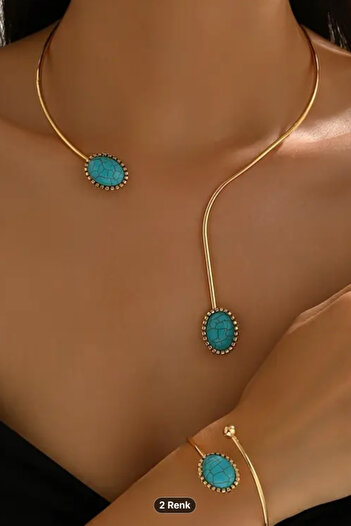 Sevilgülgünfinecrafts Turquoise Stone Wire Necklace & Bracelet Set / Collar Choker Necklace / Handcuff Bracelet
