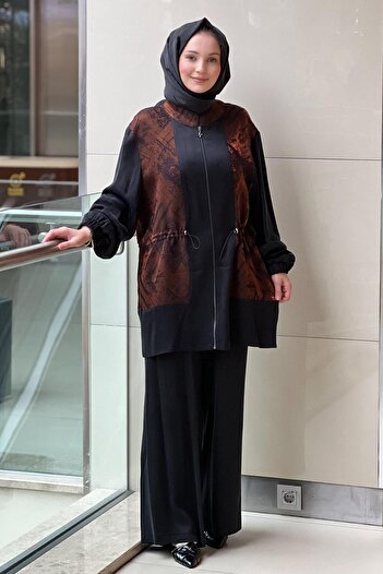 Nuss Jacquard Patterned Waist Drawstring Cap Pants Set