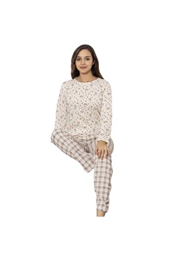 İNSPİRA Plaid Floral Pattern Long Sleeve Women's Pajama Set 2 Thread Winter Fabric