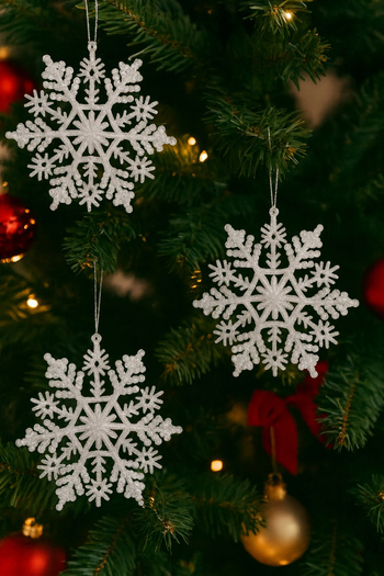 Huzur Party Store White Snowflake Shiny Glitter 3 Pieces 12 cm Christmas Ornament Pine Tree Hanging Tree Decor New Year Accessory