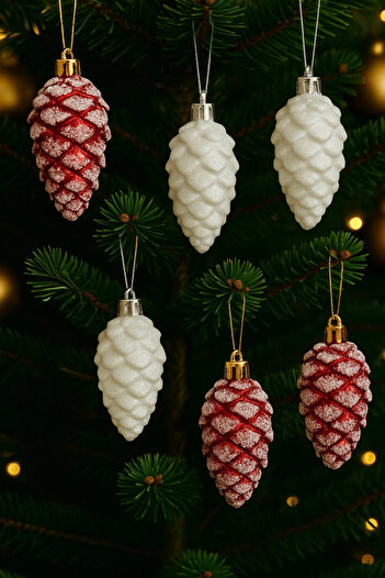 Huzur Party Store 6 Pieces Christmas Cone Christmas Ornament Set 8 cm White Red Snow Effect Pine Tree New Year Tree Ornament