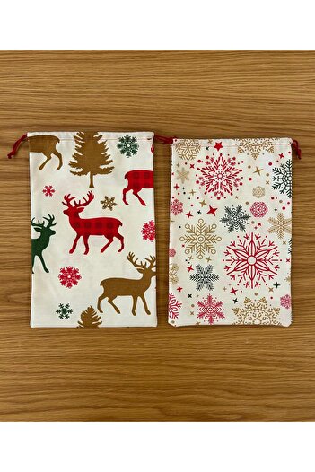 Poros Store Gift Package 20X30Cm Christmas Snowflake and Deer Patterned Gift Bag Fabric Set of 2