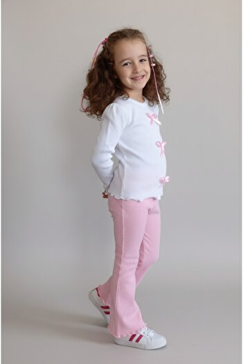 NİLZ White and Pink Girls' Ribbed Camisole Top and Bottom Set with Ribbon Detail