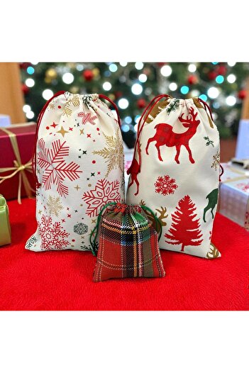 Poros Store Gift Package 20X30Cm Christmas Snowflake and Deer Patterned and 12X14Cm Checkered Fabric Pouch Set of 3