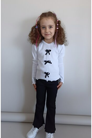 NİLZ White and Black Color Girls' Ribbon Detailed Ribbed Camisole Top and Bottom Set