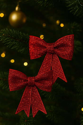 Huzur Party Store 2 Pcs Red Glitter Ribbon Bow 10 cm Hard Plastic Christmas Pine Tree Ornament New Year Tree Decor