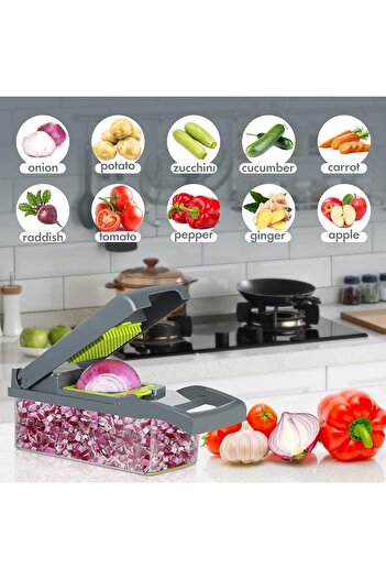 Generic 12-in-1 Vegetable Chopper and Mandoline Slicer, Kitchen Food Cutter with 8 Blades, Filter Basket, Gr