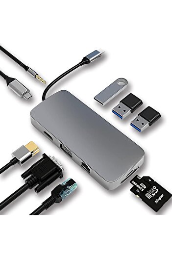 Generic 10-in-1 USB C Hub Docking Station with 4K HDMI, VGA, USB 3.0, Ethernet, SD/TF & 3.5mm AUX - Compatib