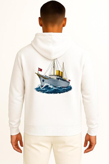 Bahriyeli Collection Hooded Tcg Savarona Unisex Sweatshirt with Pocket and Back Design