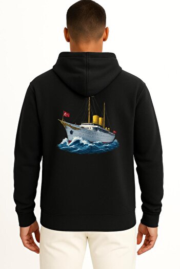 Bahriyeli Collection Hooded Tcg Savarona Unisex Sweatshirt with Pocket and Back Design