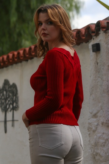 Chiccy Red V-Neck Long Sleeve Openwork Knitwear Sweater 60 50