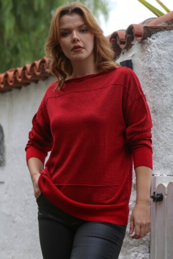 Chiccy Red Boat Neck Batwing Sleeve Thin Beaded Knitwear Blouse 70 70