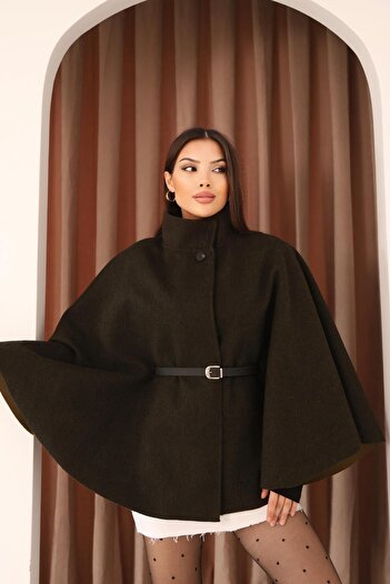Hazel Women's Khaki Belt Detailed Cape Poncho Coat
