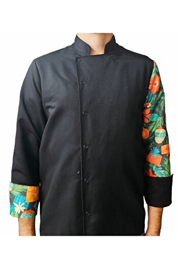 Ant Rotagrup Üniforma ve İş Elbiseleri Chef Jacket Patterned Unisex Snap Fastener Long Sleeve Chef Cook Kitchen Jacket Ornamental Patterned
