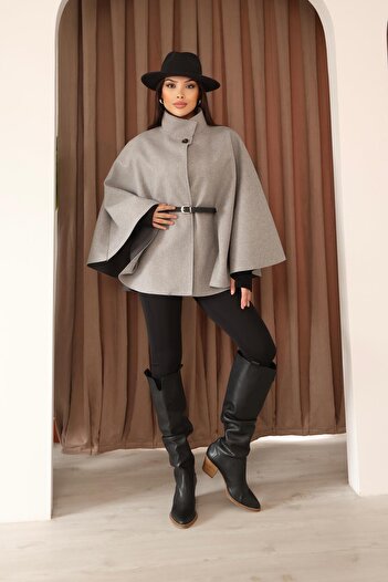 Hazel Women's Gray Belt Detailed Cape Poncho Coat