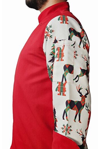 Ant Rotagrup Üniforma ve İş Elbiseleri Chef Jacket Patterned Unisex Snap Fastener Long Sleeve Chef Cook Kitchen Jacket Deer Patterned
