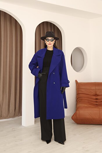 Hazel Women's Saks Blue Double-Breasted Oversize Belted Long Cashmere Coat
