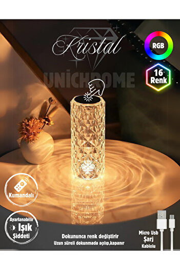 LUMINZO Mini Kristal Şarjlı Dokunmatik Masa Lambası Abajur Gece Lambası 3 Işık Rengi Dim Özellikli Lili