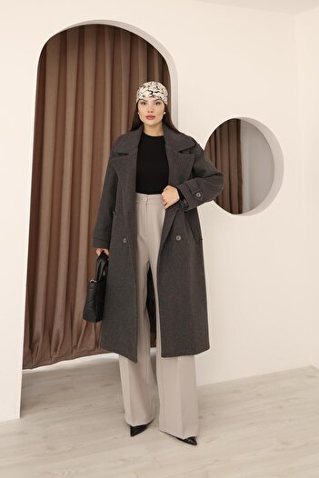 Hazel Women's Anthracite Double-Breasted Oversize Belted Long Cashmere Coat