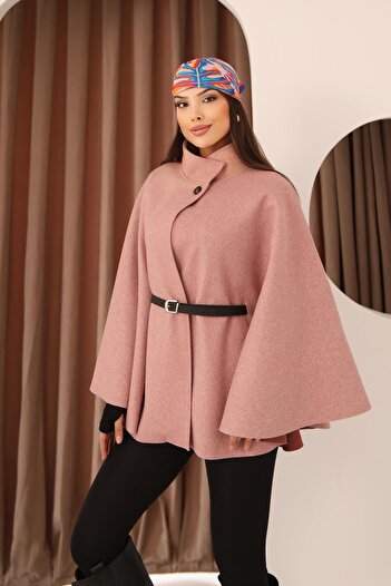 Hazel Women's Pink Belt Detailed Cape Poncho Coat