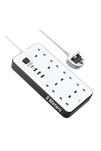 powermax 10-in-1 Power Strip 2500W 13A - 3 USB + 1 Type-C, 5m Cable
