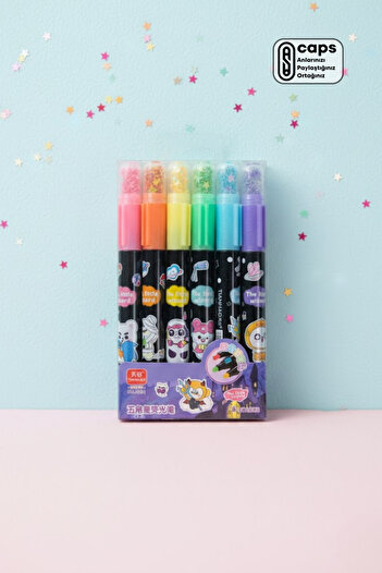 caps office 6 Pieces Star Stamp Patterned Highlighter Pen Set – Highlighter Set with Glitter Cover