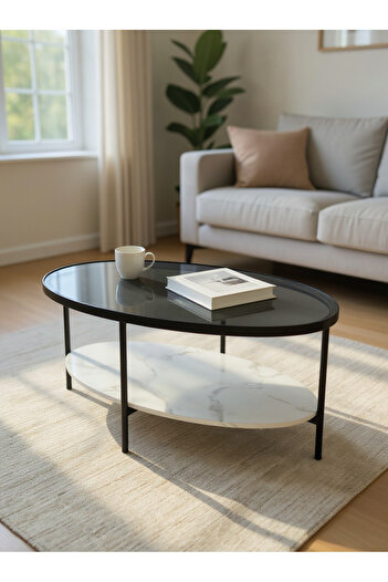 Living Oval table with 2 layers of glass and wood with a marble finish, 120 * 40 cm