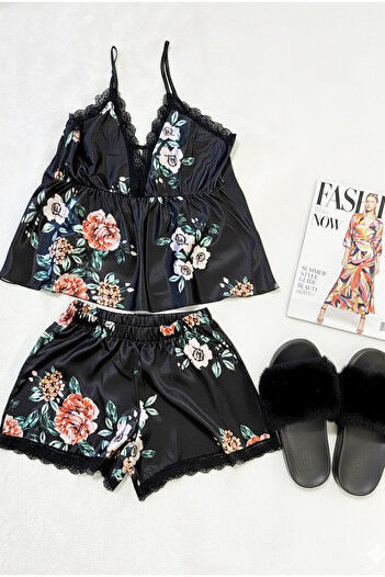 Siyah İnci Black Patterned Rope Strap Satin Shorts Woven Pajama Set