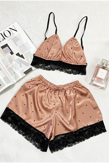 Siyah İnci Powder Patterned Satin Shorts Woven Pajama Set with Rope Straps