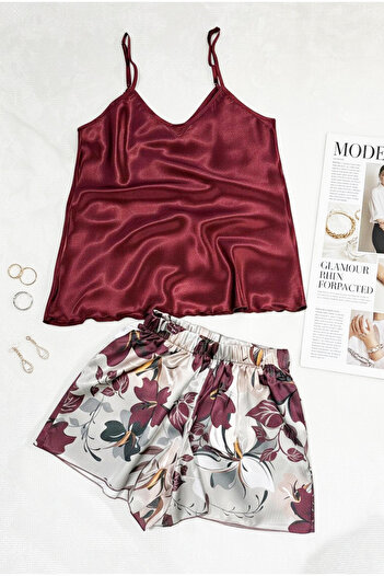 Siyah İnci Burgundy Patterned Satin Shorts Woven Pajama Set with Rope Straps