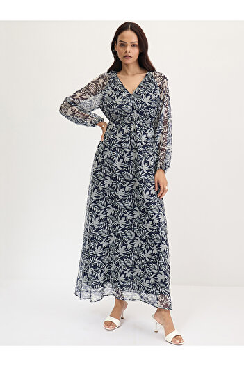 Styli Navy All Over Leaf Print Maxi Dress