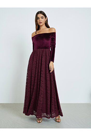 Styli Burgundy Off Shoulder Lace Insert Maxi Dress