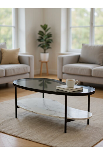 Living Wavy table with 2 layers of glass and wood with a marble finish, 108 * 40 cm