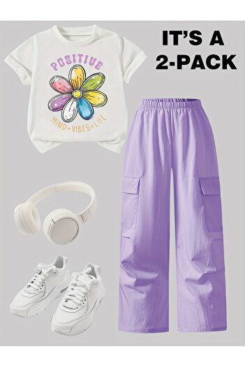 Take Two By Styli Girls Graphic Print T-Shirt and Cargo Pants Set