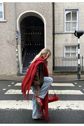 MEKİK BUTİK Red Puffy Soft Textured Scarf Shawl