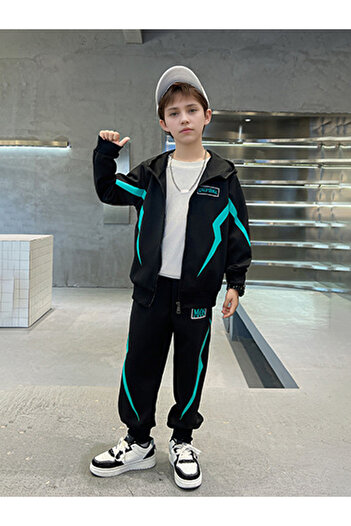 Take Two By Styli Teens Black Printed Panel Jacket and Joggers Set