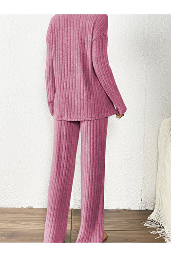Take Two By Styli Pink Ribbed Knit V Neck T-Shirt and Pyjama Set