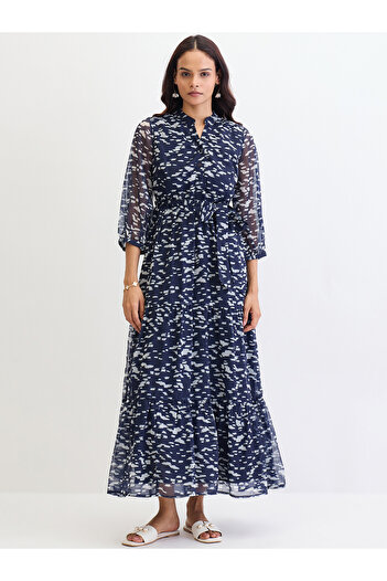 Styli Navy All Over Print Tiered Maxi Dress