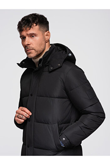 OMBRE Long Men's Winter Parka with Hood - Black V1 OM-JALJ-0309