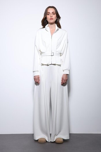 Antioch Ecru Wide Leg Pants Suit with Belt