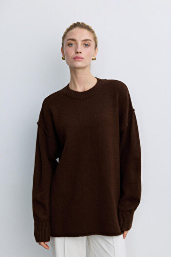 BE BLUE Brown Knitted Sweater with Stitch Detail