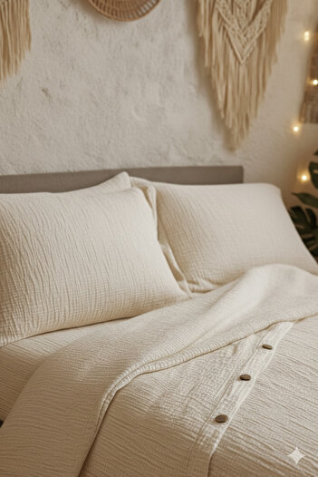OTEXSA Natural Cotton Natuel Bedding Set – Double Size, Buttoned Duvet Cover and Fitted Sheet